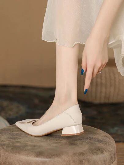 優雅法式粗跟高跟鞋泵鞋適合女士,尖頭,中跟,大碼