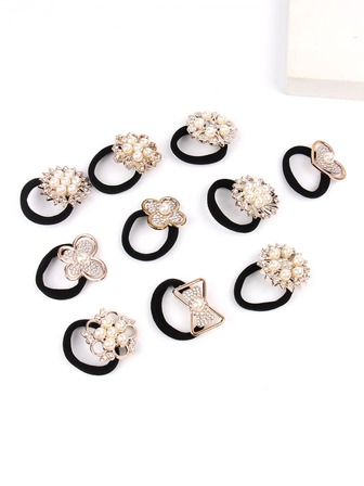 10pcs Rhinestone & Faux Pearl Decor Hair Tie Party Ponytail Holder Hair Elastic Hair Rope