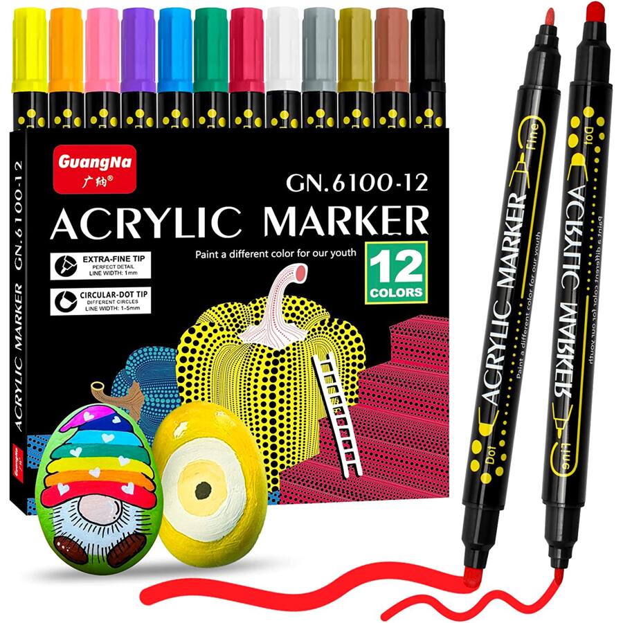 12色雙頭丙烯顏料筆套裝、水性油漆筆、DIY繪畫、岩畫、工藝品製作等彩色熒光筆 - 彩色 - 查看 1