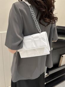 White Fashionable Flap Over Saddle Stitch Shoulder Bag - White - View 4