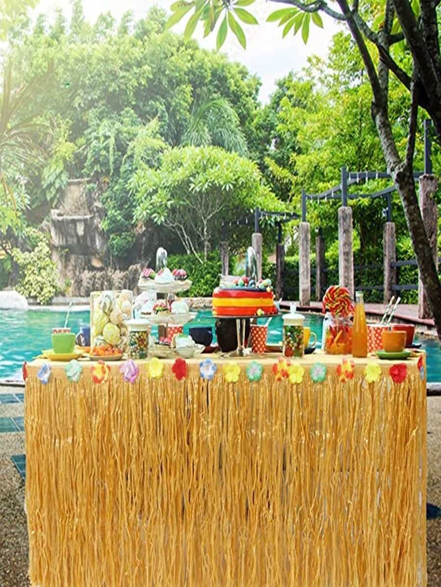 1 pièce Jupe de table de couleur paille, fournitures de fête thème hawaien d'été pour la décoration de fête tropicale d'Hawaii, Noël - Nude - Voir 1