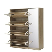 Natural Rattan Shoe Cabinet with 4-Tier Shoe Rack Storage Cabinet Wood 4 Door Free Standing Shoe Rack - 駝色 - 查看 3
