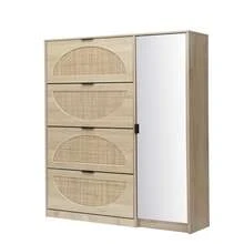 Natural Rattan Shoe Cabinet with 4-Tier Shoe Rack Storage Cabinet Wood 4 Door Free Standing Shoe Rack - 駝色 - 查看 4