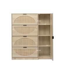 Natural Rattan Shoe Cabinet with 4-Tier Shoe Rack Storage Cabinet Wood 4 Door Free Standing Shoe Rack - 駝色 - 查看 2