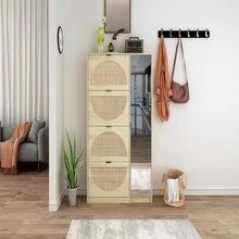 Natural Rattan Shoe Cabinet with 4-Tier Shoe Rack Storage Cabinet Wood 4 Door Free Standing Shoe Rack - 駝色 - 查看 7