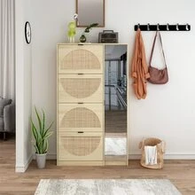 Natural Rattan Shoe Cabinet with 4-Tier Shoe Rack Storage Cabinet Wood 4 Door Free Standing Shoe Rack - 駝色 - 查看 9