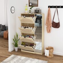 Natural Rattan Shoe Cabinet with 4-Tier Shoe Rack Storage Cabinet Wood 4 Door Free Standing Shoe Rack - 駝色 - 查看 8
