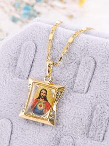 1pc Men's Square Jesus Pendant Necklace - Yellow Gold - View 2