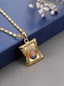 1pc Men's Square Jesus Pendant Necklace - Yellow Gold - View 3