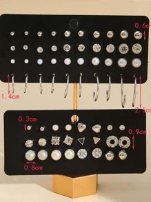 32 cái/bộ Bông tai hình chữ C đính đá & ngọc trai giả - Bạc - Xem 4