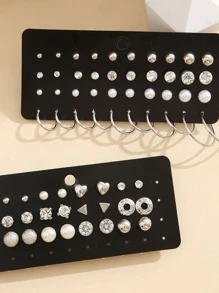 32 cái/bộ Bông tai hình chữ C đính đá & ngọc trai giả - Bạc - Xem 2