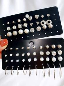 32 cái/bộ Bông tai hình chữ C đính đá & ngọc trai giả - Bạc - Xem 3