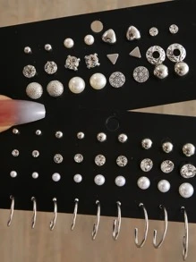 32 cái/bộ Bông tai hình chữ C đính đá & ngọc trai giả - Bạc - Xem 1