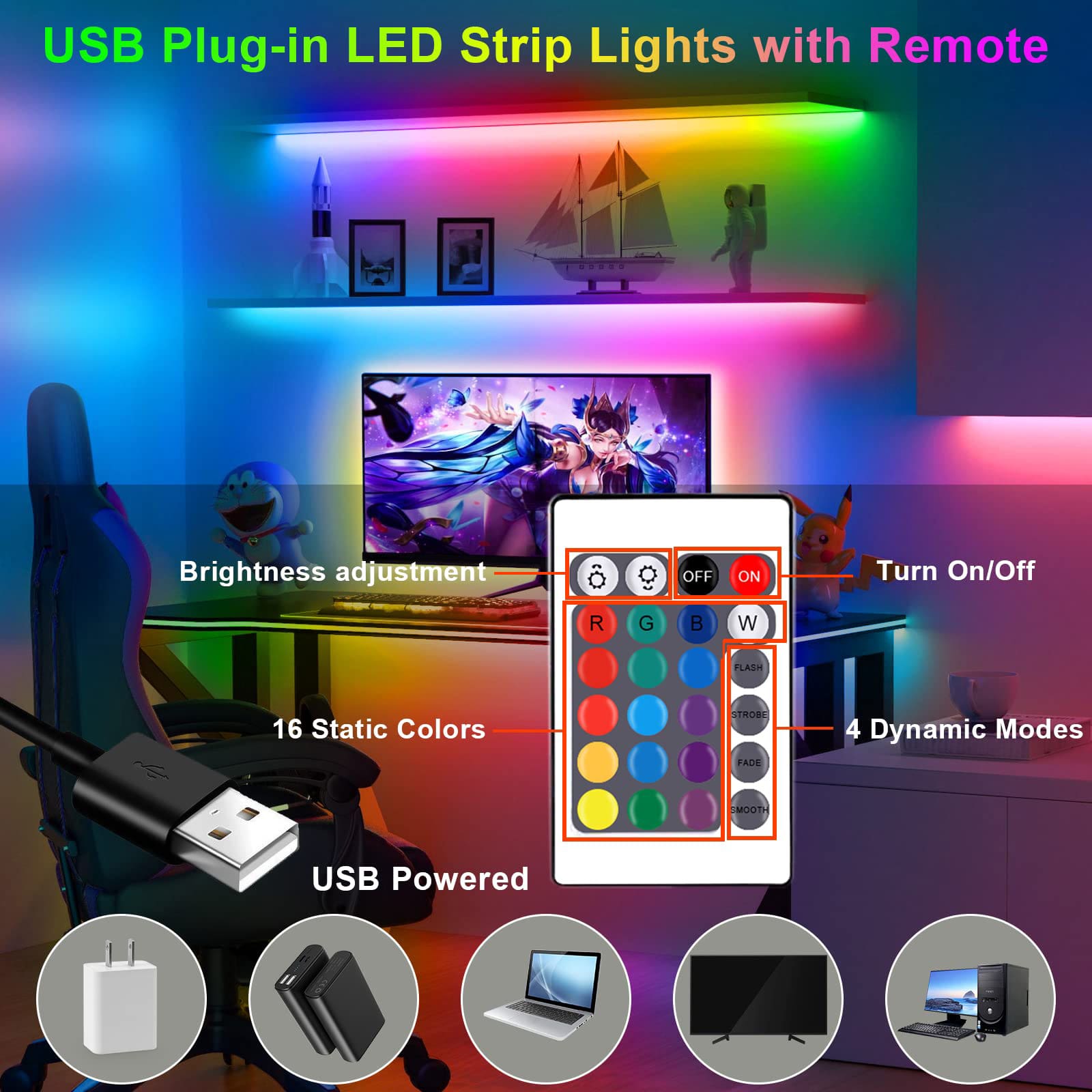 3FT65FT RGB LED strip light, with 24key remote control,Can adjust