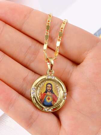 1pc Men's Jesus Round Pendant Necklace