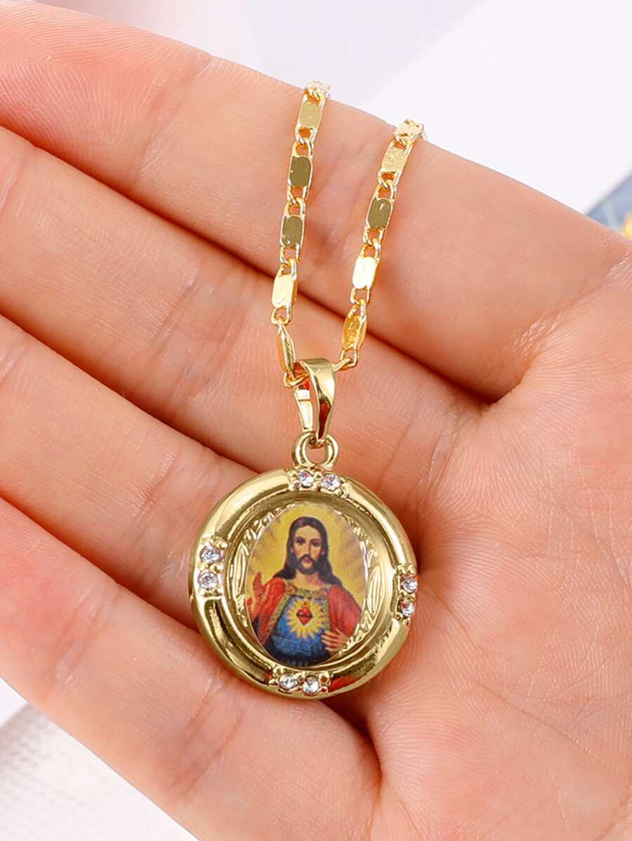 1pc Men's Jesus Round Pendant Necklace - Yellow Gold - View 1