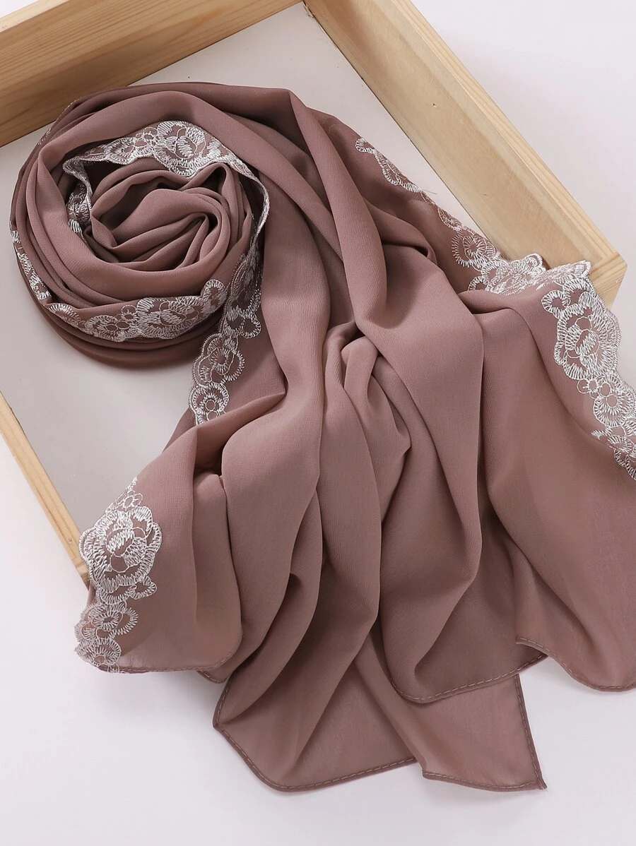 1pc Embroidered Chiffon Muslim Headscarf, Abaya Hijab