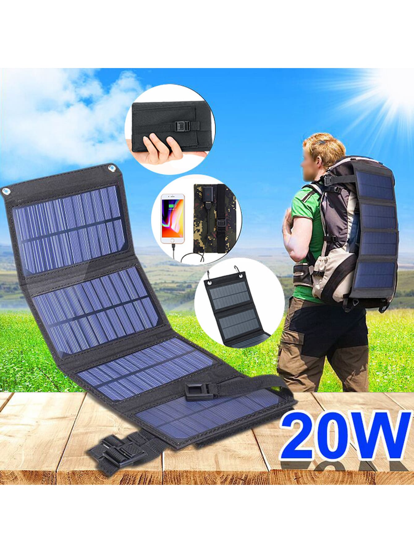 1pc Black 20w 5v Waterproof Portable Foldable Usb Output Solar Panel For Mobile Phone Charging, Suitable For Outdoor Camping - Black - View 1