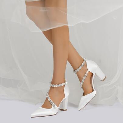 Chunky Heel Point Toe Ankle Strap Wedding Party High Heels Shoes With Rhinestone Decoration Valentines