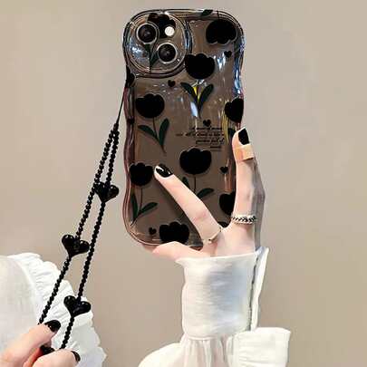 黑色郁金香花卉图案时尚手机壳，适用于苹果手机，带挂绳，防水防震防摔防刮，防水防摔防刮，春季礼物