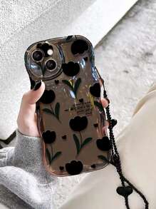 Apple With Phone Charm Flower Pattern Phone Case With Lanyard Compatible With IPhone 15/15Pro/15Plus/15Promax Waterproof Shockproof Anti-Fall Scratch Resistant - Black - View 2