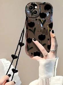 Apple With Phone Charm Flower Pattern Phone Case With Lanyard Compatible With IPhone 15/15Pro/15Plus/15Promax Waterproof Shockproof Anti-Fall Scratch Resistant - Black - View 1