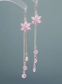 女士925十足銀花形耳環，2023新款長流蘇耳環配飾度假必備 - 粉色 - 查看 5