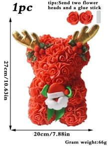 1pc 25cm Christmas Teddy Bear With Rose, Perfect Christmas Gift Without Gift Box - Red - View 2
