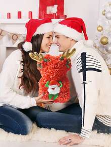 1pc 25cm Christmas Teddy Bear With Rose, Perfect Christmas Gift Without Gift Box - Red - View 5