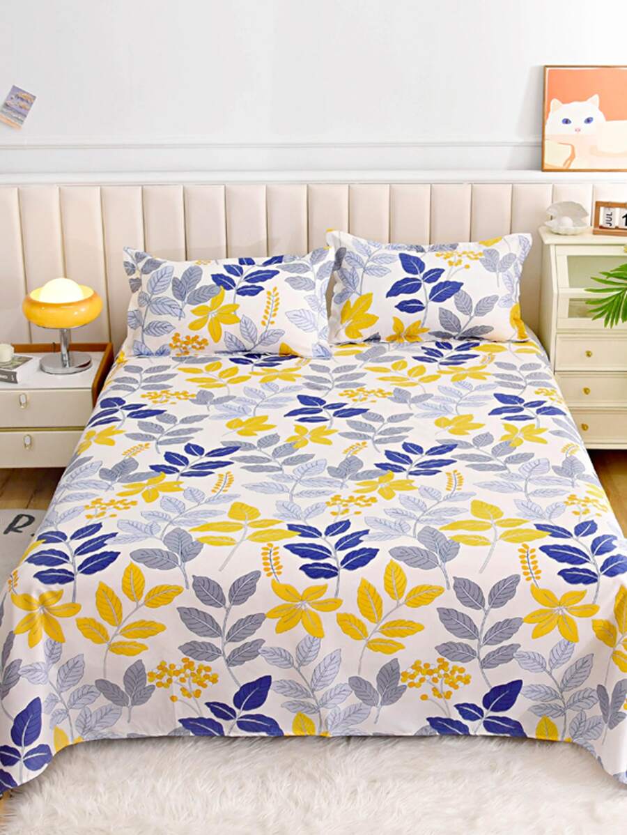 1pc Leaf Pattern Bedsheet And 2pcs Pillow Cases Without Pillow Core - Multicolor - View 1