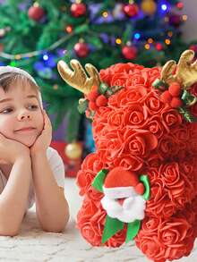 1pc 25cm Christmas Teddy Bear With Rose, Perfect Christmas Gift Without Gift Box - Red - View 7