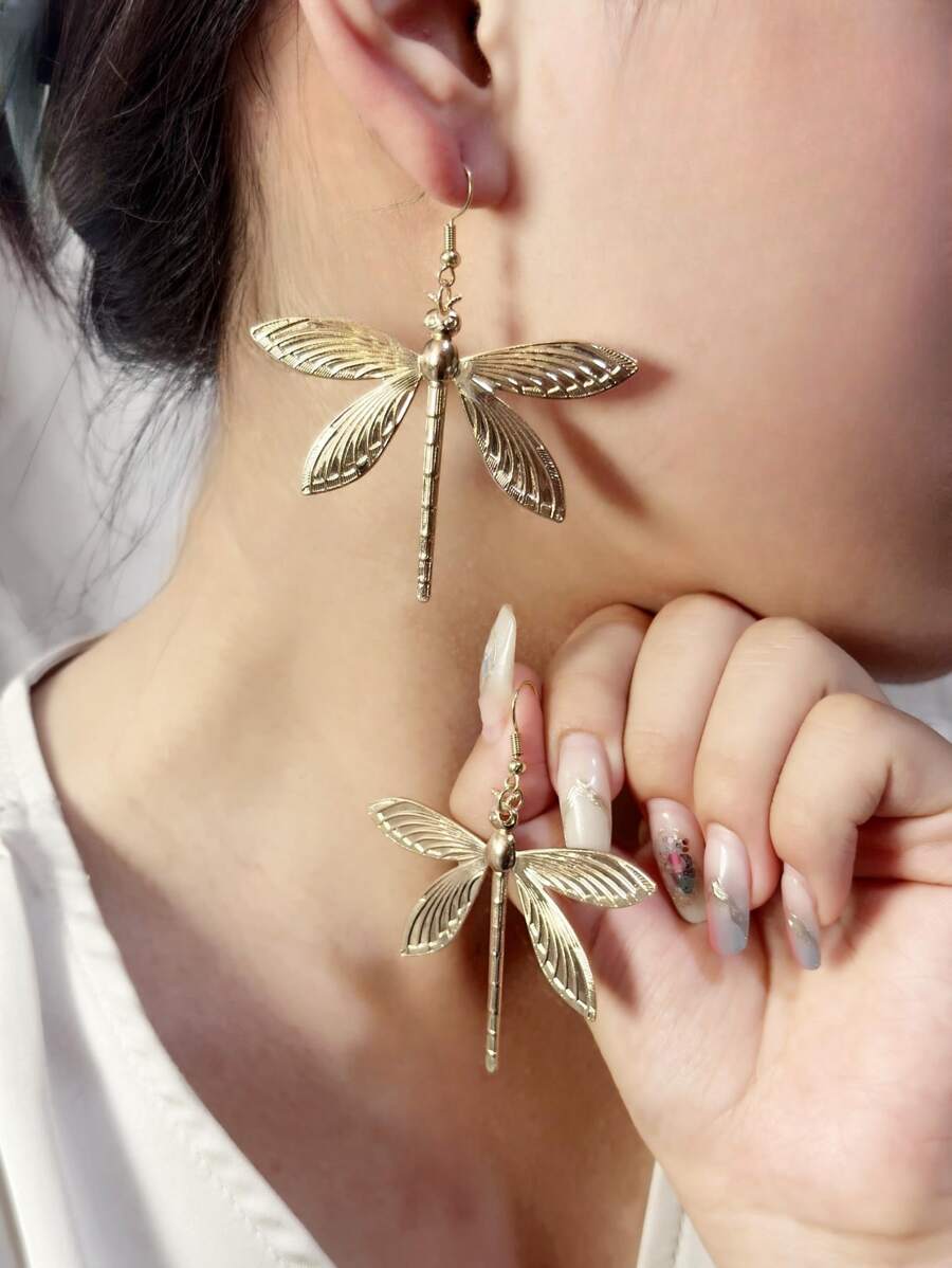 Fashion Exaggerated Dragonfly Earrings - Yellow Gold - View 1