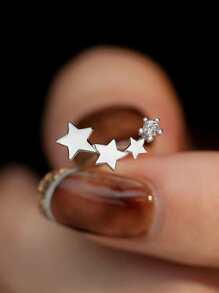 一对时尚女士星星方晶锆石耳环清新简约五角星耳洞耳环 - 銀色 - 查看 7