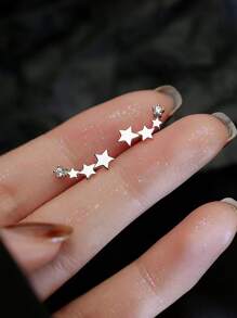 一对时尚女士星星方晶锆石耳环清新简约五角星耳洞耳环 - 銀色 - 查看 6