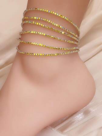 1 件水钻超薄脚链，弹性闪亮彩虹色时尚适合海滩、派对或聚会