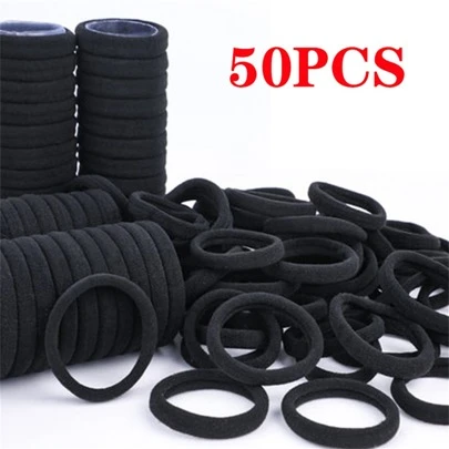50pcs Black Seamless Elastic Hair Tie With Bowknot For Girl
