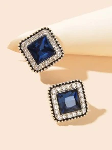 2pcs Fashionable Square Blue Rhinestone Stud Earrings For Women In Business Or Leisure