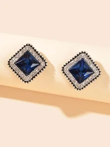 2pcs Fashionable Square Blue Rhinestone Stud Earrings For Women In Business Or Leisure