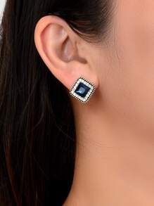 2pcs Fashionable Square Blue Rhinestone Stud Earrings For Women In Business Or Leisure