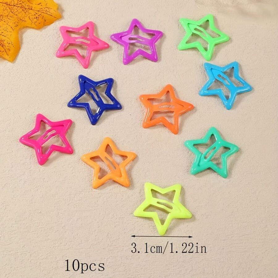 10pcs Random Glow-In-The-Dark Colorful Star Hair Clips, Cute Side Bangs BB Clips, Note: Need Daytime Sunlight Exposure To Glow At Night, Head Accessories - Multicolor - View 1