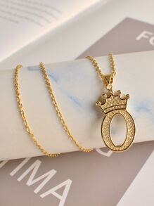 MECYLIFE Stainless Steel Chain Copper Micro Paved Crown Necklace - Yellow Gold - View 4