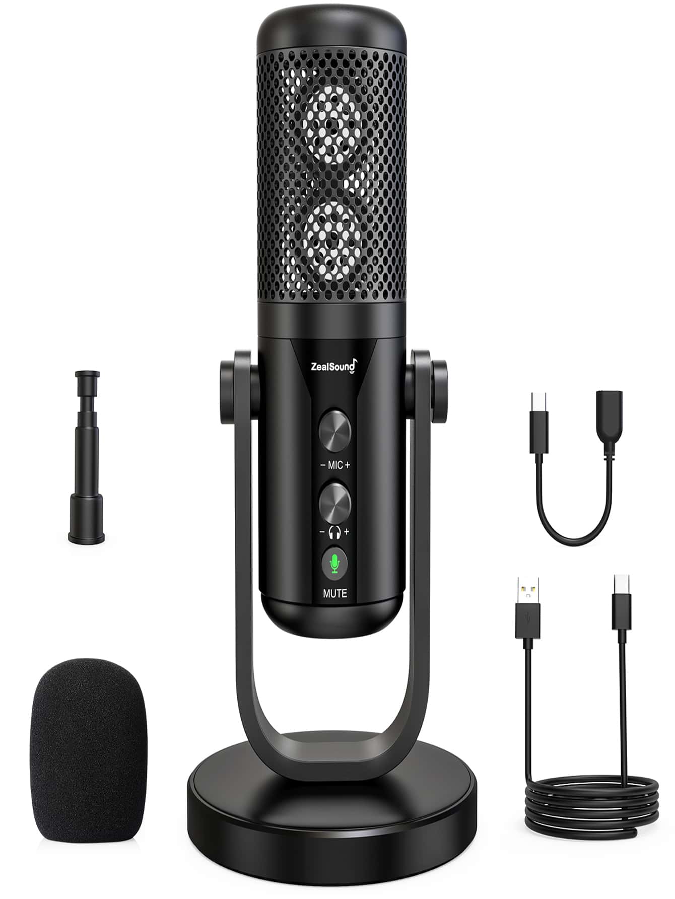 ZealSound USB Microphone, ASMR Microphone Metal for PC Computer MacBook & Smartphone, Condenser Dual Big Capsule Recording Mic, Mute Button, Gain Knob, Monitor Headphone Jack, Streaming Gaming Vocals - Black - View 1