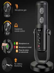 ZealSound USB Microphone, ASMR Microphone Metal for PC Computer MacBook & Smartphone, Condenser Dual Big Capsule Recording Mic, Mute Button, Gain Knob, Monitor Headphone Jack, Streaming Gaming Vocals - Black - View 2