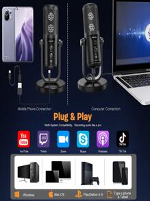 ZealSound USB Microphone, ASMR Microphone Metal for PC Computer MacBook & Smartphone, Condenser Dual Big Capsule Recording Mic, Mute Button, Gain Knob, Monitor Headphone Jack, Streaming Gaming Vocals - Black - View 6