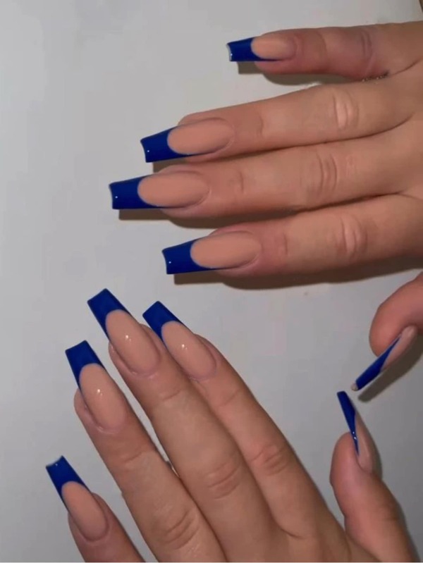 VV MEI JIA ER Medium Coffin French Fake Nail Press On False Nail With Glue Designs Set Full Cover Artificial Simple Dark Blue Ins Style Art Nail Tip & 1sheet Tape & 1pc Nail File Press On Nails Nail Supplies