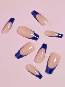 VV MEI JIA ER unghie finte in acrilico di forma a manicotto medio francese press on con colla, set con design copertura completa dellunghia, stile arte semplice blu scuro ins, confezione cadeo con 1 foglio di nastro adesivo e 1 lima per unghie, accessori per unghie - Blu Navy - Visualizzare 2