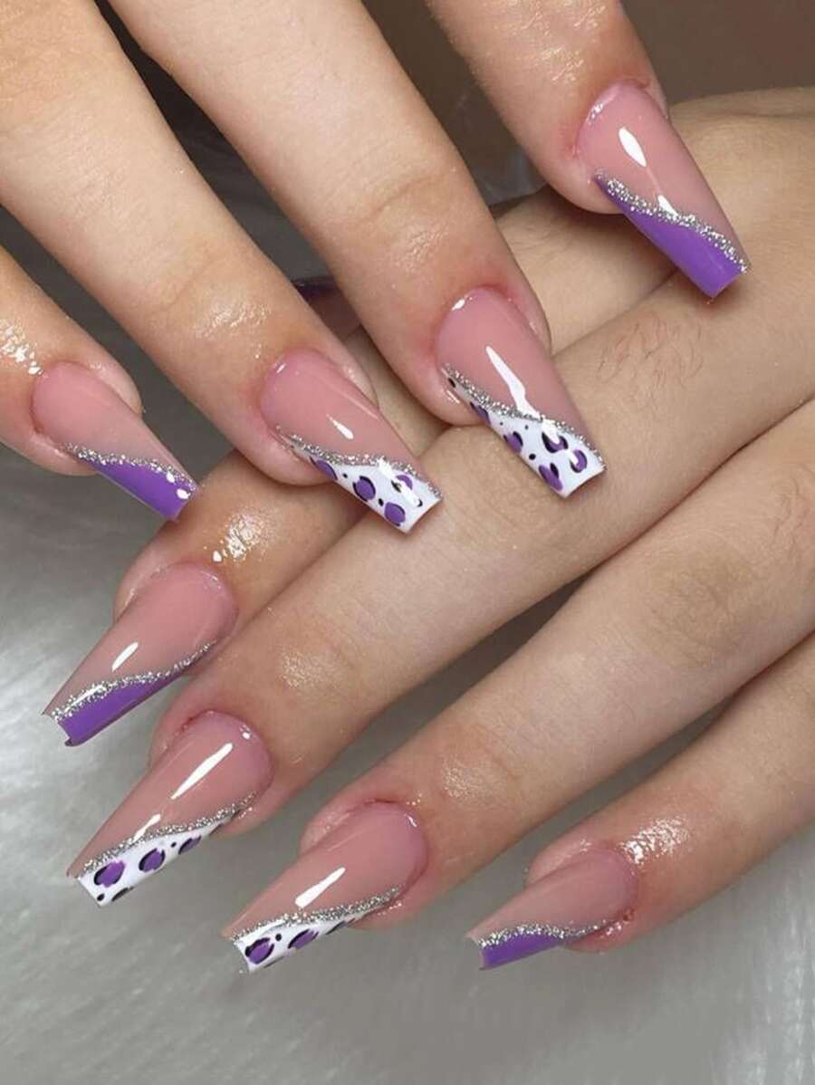 VV MEI JIA ER Medium Coffin Leopard Print Purple Design With Glitter Line Fake Nail Press On False Nail With Glue Designs Set Full Cover Artificial Simple Dark Blue Ins Style Art Nail Tip & 1sheet Tape & 1pc Nail File Press On Nails Nail Supplies - Multicolor - View 1