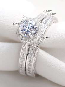 AIHUASI 2入組/套925純銀女戒，5.5*5.5mm圓形高級立方氧化鋯經典婚禮訂婚戒指套組精美珠寶情人節禮物 - 銀色 - 查看 4
