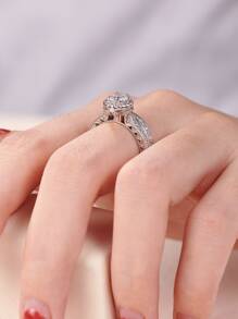 AIHUASI 2入組/套925純銀女戒，5.5*5.5mm圓形高級立方氧化鋯經典婚禮訂婚戒指套組精美珠寶情人節禮物 - 銀色 - 查看 9