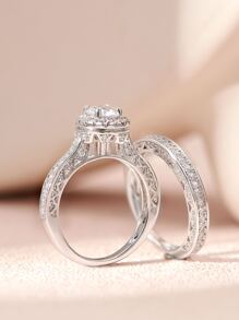 AIHUASI 2入組/套925純銀女戒，5.5*5.5mm圓形高級立方氧化鋯經典婚禮訂婚戒指套組精美珠寶情人節禮物 - 銀色 - 查看 7